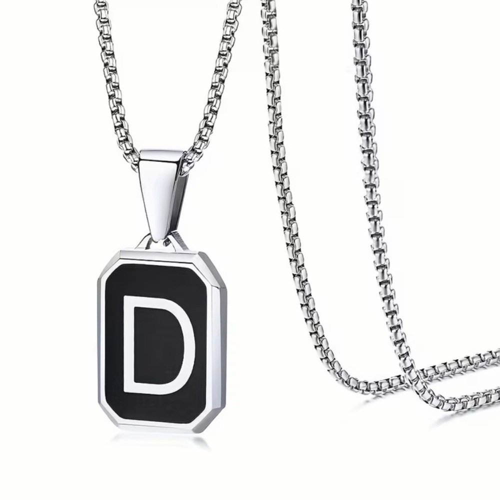 NWT Men’s Stainless Steel Initial D Pendant Necklace Black Enamel Silver Chain